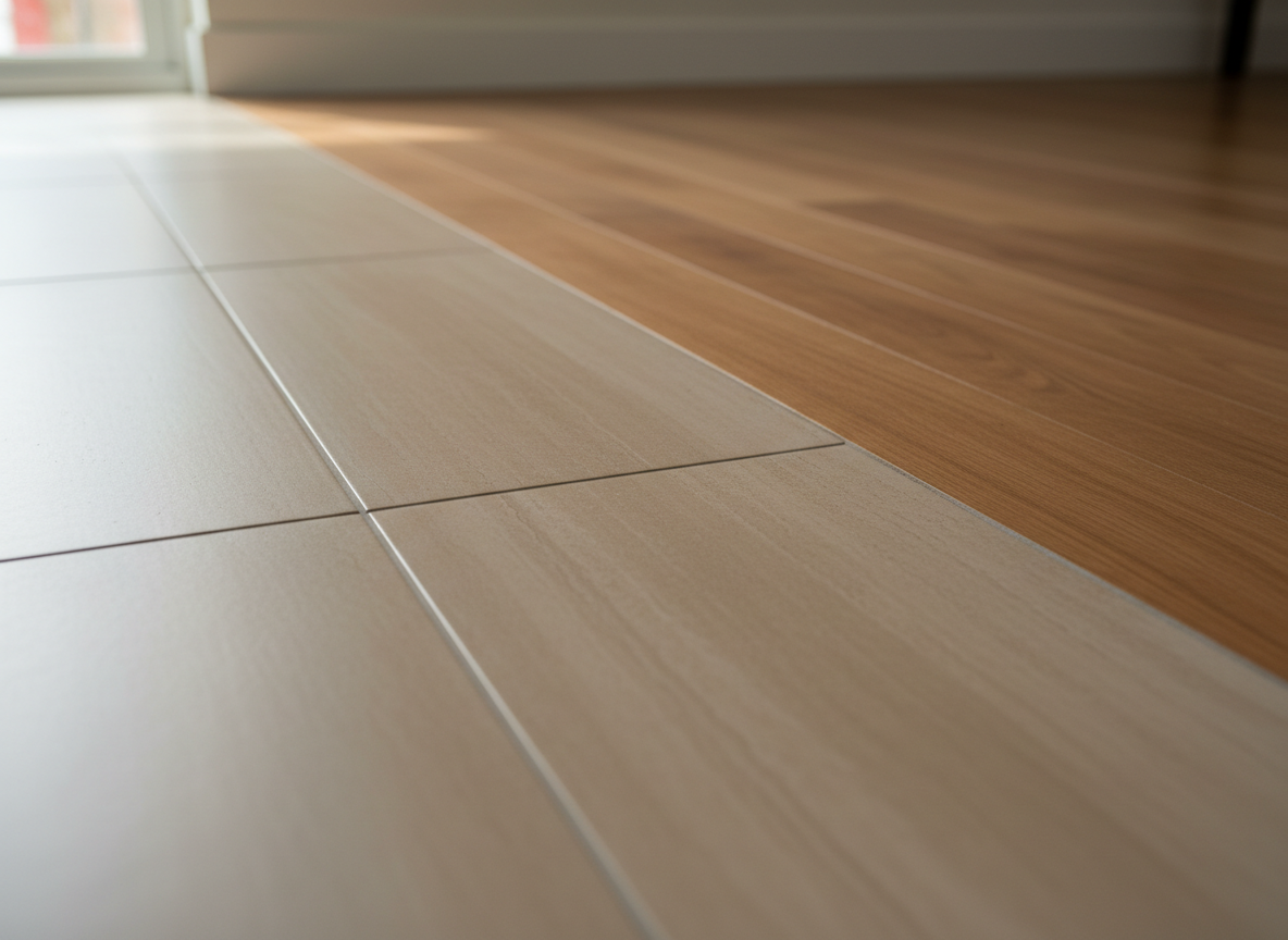 A close-up, photographic realism shot of a floor transition where large, sand-colored porcelain tiles meet warm, medium-tone wood flooring in a Miami home. The image focuses on the perfectly straight grout lines, consistent spacing, and smooth level between materials, emphasizing expert installation. Soft, natural side lighting from a nearby window creates subtle gradients across the tile surface and a gentle sheen on the wood grain. Captured from a very low angle with shallow depth of field, the foreground tiles are in crisp focus while the background softly blurs. The mood is meticulous and professional, underscoring the importance of detail in structural repair and flooring work.
