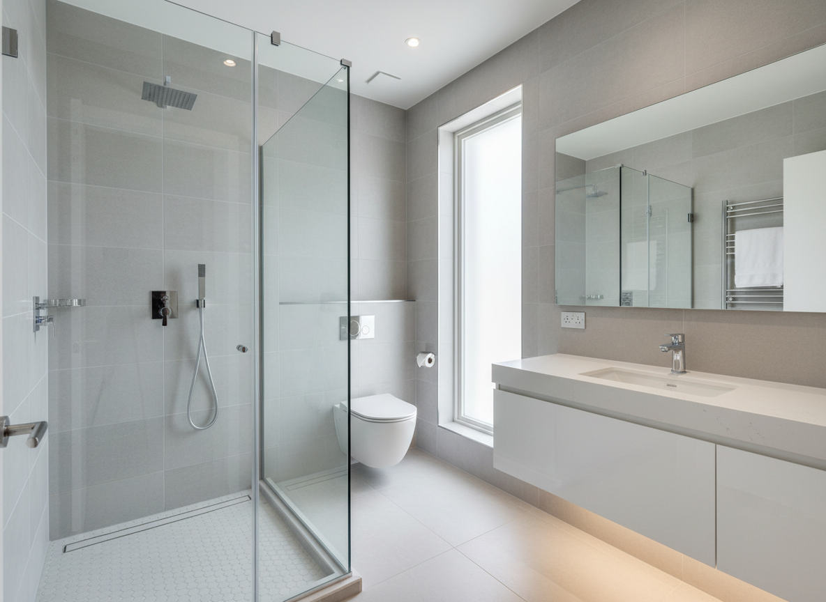 A newly renovated modern bathroom featuring a spacious walk-in shower with clear frameless glass panels and large-format light gray porcelain tiles extending from floor to ceiling. The shower floor transitions to small hexagonal mosaic tiles for added texture and safety. A sleek white floating vanity with a quartz countertop sits opposite, accented by a rectangular undermount sink and chrome fixtures. Soft, diffused daylight enters through a frosted window, creating gentle highlights on the glossy tiles and subtle reflections on the glass. Photographic realism, shot at eye level with a wide-angle lens to capture the full room, sharp focus throughout. The mood is clean, professional, and inviting, emphasizing high-quality craftsmanship and attention to detail.