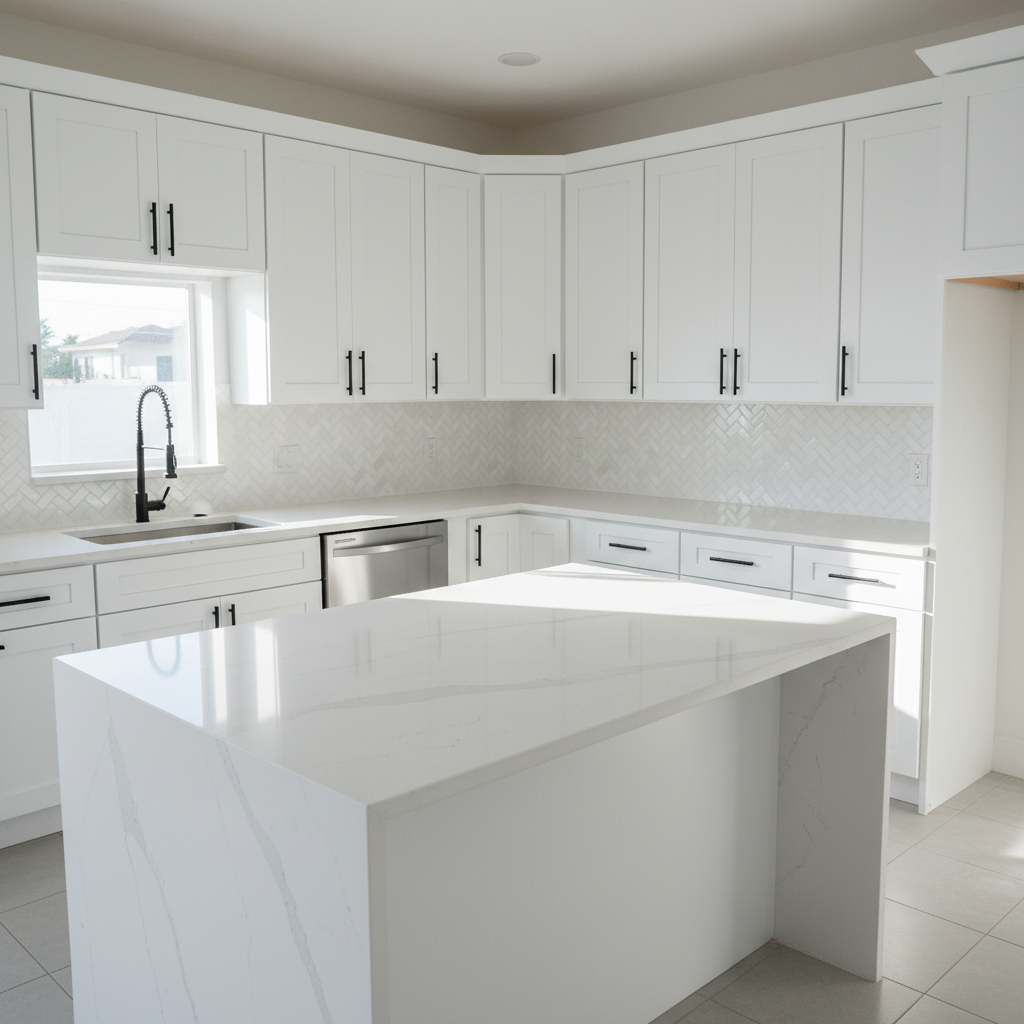 A bright, fully remodeled open-concept kitchen showcasing crisp white shaker cabinets, a waterfall-edge quartz island with subtle gray veining, and a carefully installed subway tile backsplash in a herringbone pattern. Matte black cabinet hardware and a deep stainless steel sink with a pull-down faucet add contrast and functionality. Natural daylight pours in from an unseen window, casting soft shadows along the beveled tiles and creating a gentle sheen on the polished countertop. Photographic realism, captured from a slightly elevated corner angle to show the layout and alignment of all surfaces. The atmosphere is modern, orderly, and professional, highlighting precise tile work and seamless finishes typical of expert handyman services in Miami homes.